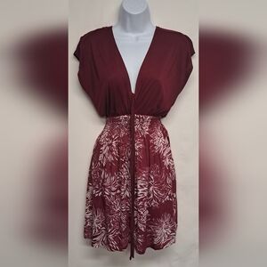 Adriana S/M Mulberry Colored Dress Criss Cross Plunge Neck Smocked Waist